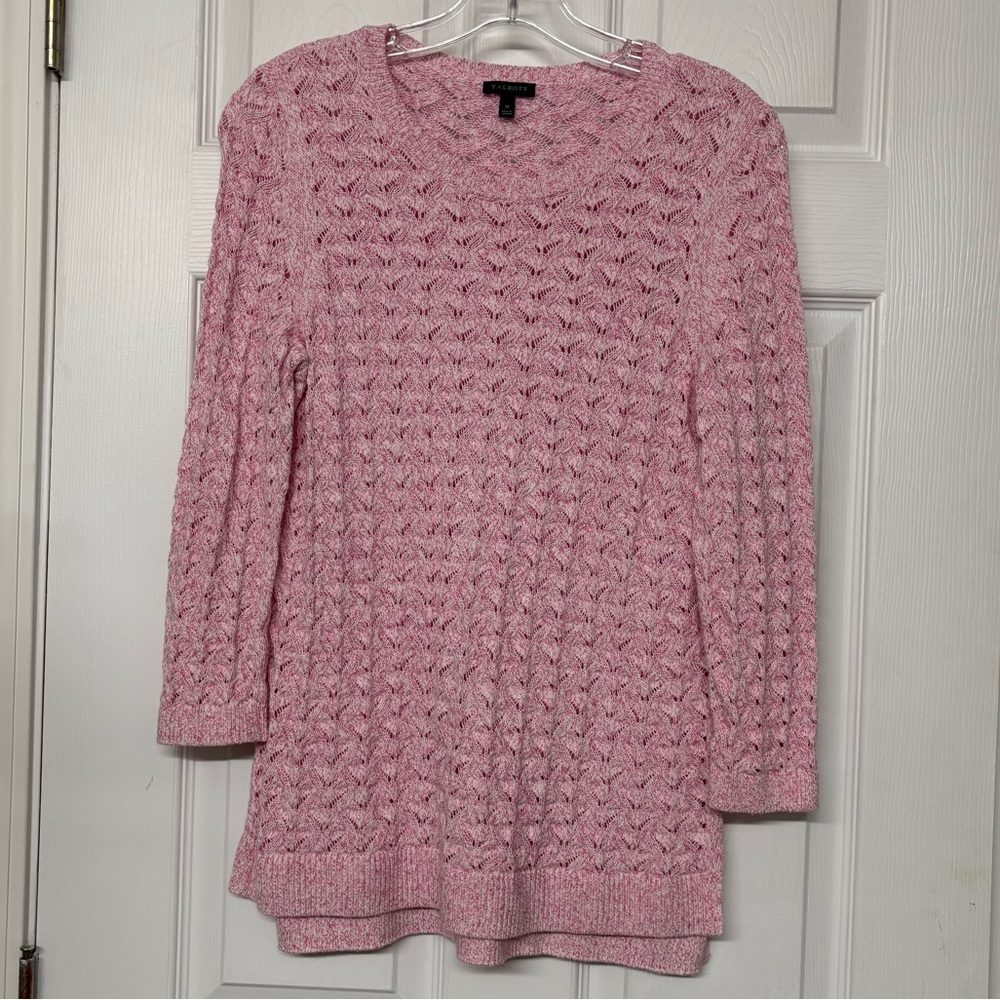 Talbots Pink Open Weave Linen Cotton Blend Sweater Sz M